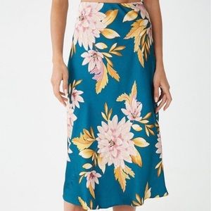 Forever 21 Teal Satin Floral Midi Skirt